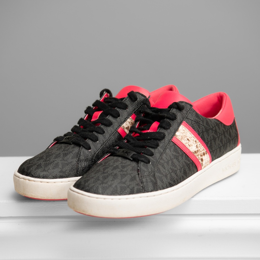 Michael Kors Shoes Sz 9 Black Monogram Hot Pink Snakeskin Stripe Sporty Sneakers